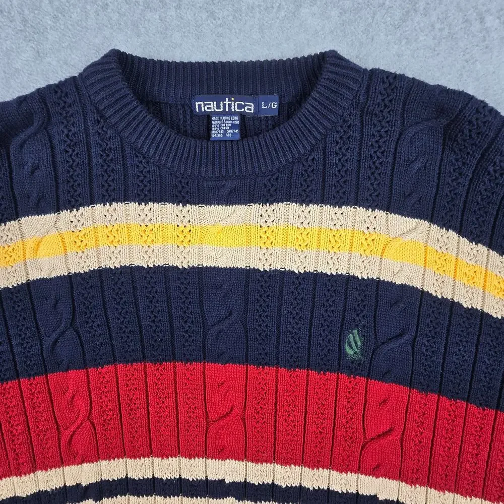Vintage Nautica Sweater Mens Large Stripe Cable Knit Crew Neck Navy Multi Color - Picture 8 of 16